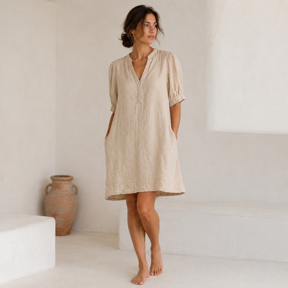Lilly Pulitzer Mialeigh Lagoon Linen Dress 6 Beige Shift Puff Sleeve Coastal - Picture 5 of 14